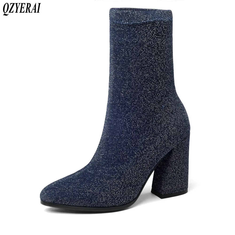 

QZYERAI Brand Design Hot Sock boot Female 2018 Superstar shoes woman Slip Thick heels Short boots Fashion Stretch fabric