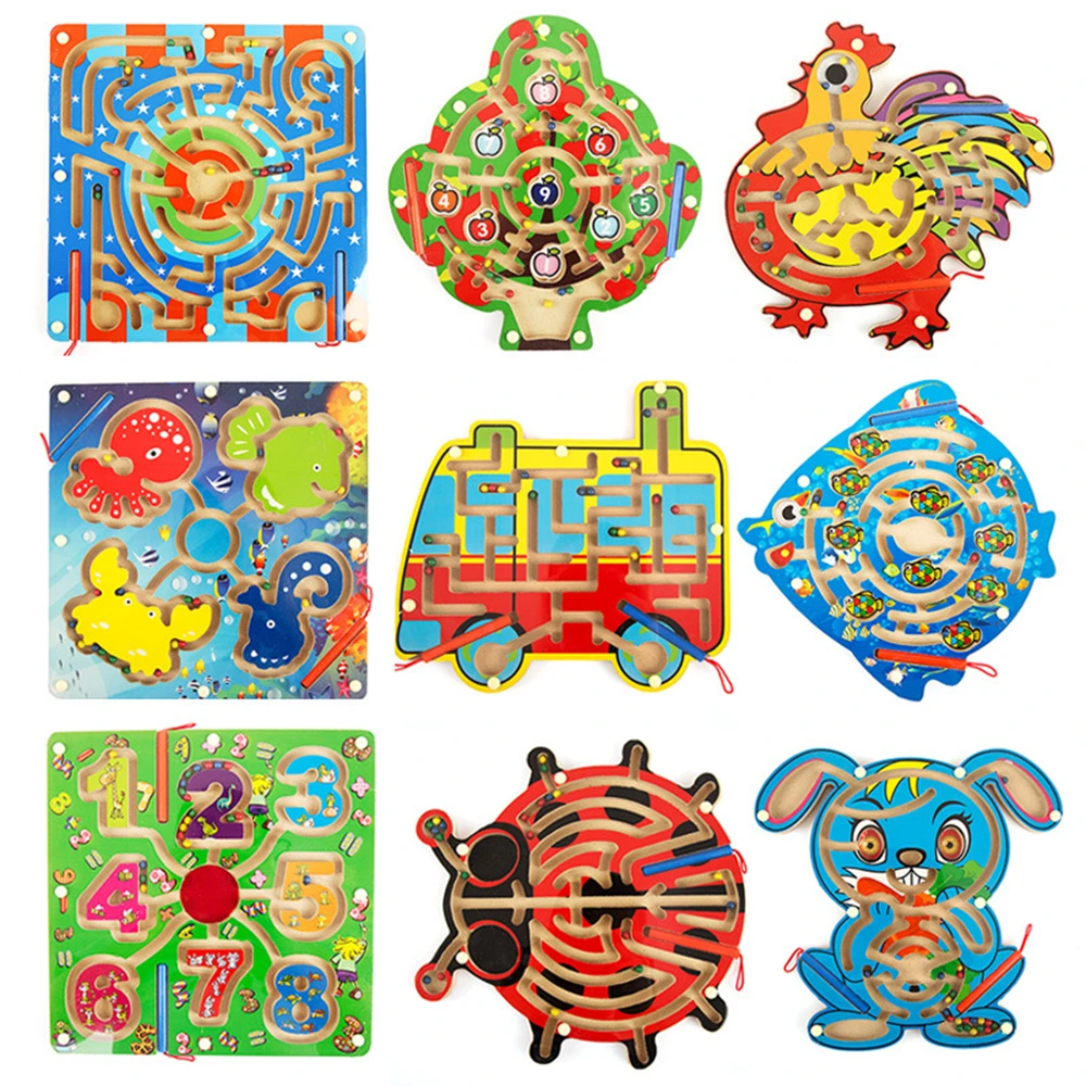 Magnetic Wand Wiggles and Worms Marbles Labyrinth Wooden Animal Maze Educational Kids Parenting Family Game Toys (4)