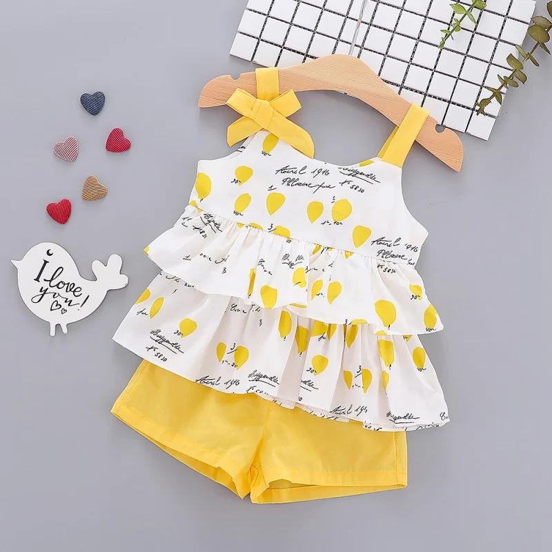 

Summer Children Baby Girls Casual Clothes Sleeveless Strap Tops Floral Print T-shirt+Shorts Suits Costume Set