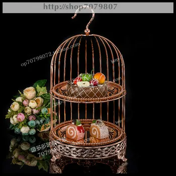 

1 PCS European Court Vintage Rose Gold Double Bird Cage Snack Stand Double Cake Stand Dessert Table