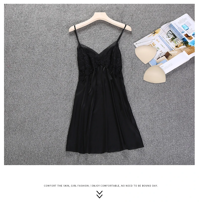 Satin Sexy Nightwear Ladies Sling Night Dress Plus Size Silk Nightdress for Female V Neck Womens Nightgown Sleepwear Chest Pads 49 (11)