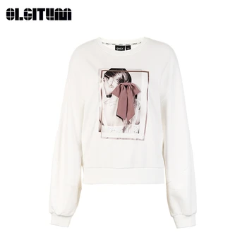 

New Autumn/Winter Women Fashion Casual Pullover Character Print and Bow Decoration 2020 O-neck Long Sleeve Sweatshirt Female