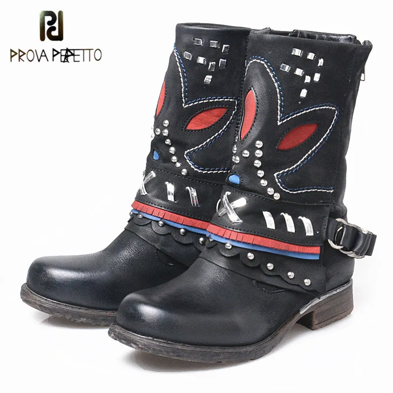 

Prova Perfetto Euramercan Winter Thick Bottom Warm Plush Patchwork Boots Round Toe Appliques Zipper-side Mid High Boots