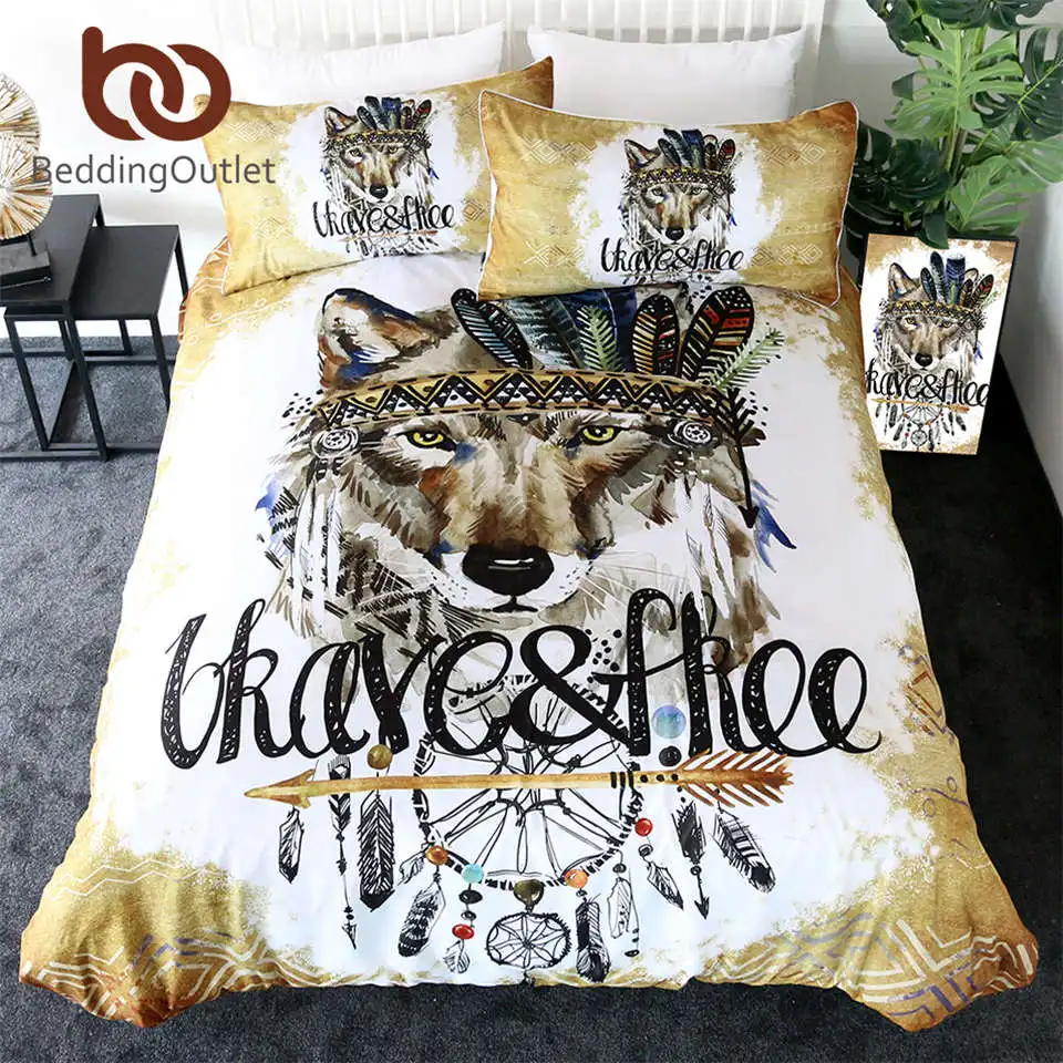 

BeddingOutlet Wolf Bedding Set Dreamcatcher Duvet Cover Set Native Tribal Animal Home Textiles Watercolor Bedclothes 3-Piece