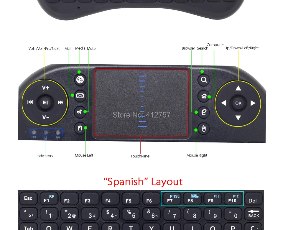 [ DHL] Мини 2,4G Беспроводная испанская(Espanol) клавиатура+ Воздушная мышь+ тачпад для Google Android ТВ коробка/ПК высокого качества-100 шт