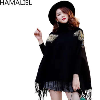 

HAMALIEL Turtleneck Batwing Sleeve Women Cloak Sweater 2018 Winter Beading Tassel Knitting Loose Casual Cape Pullover Jumpers