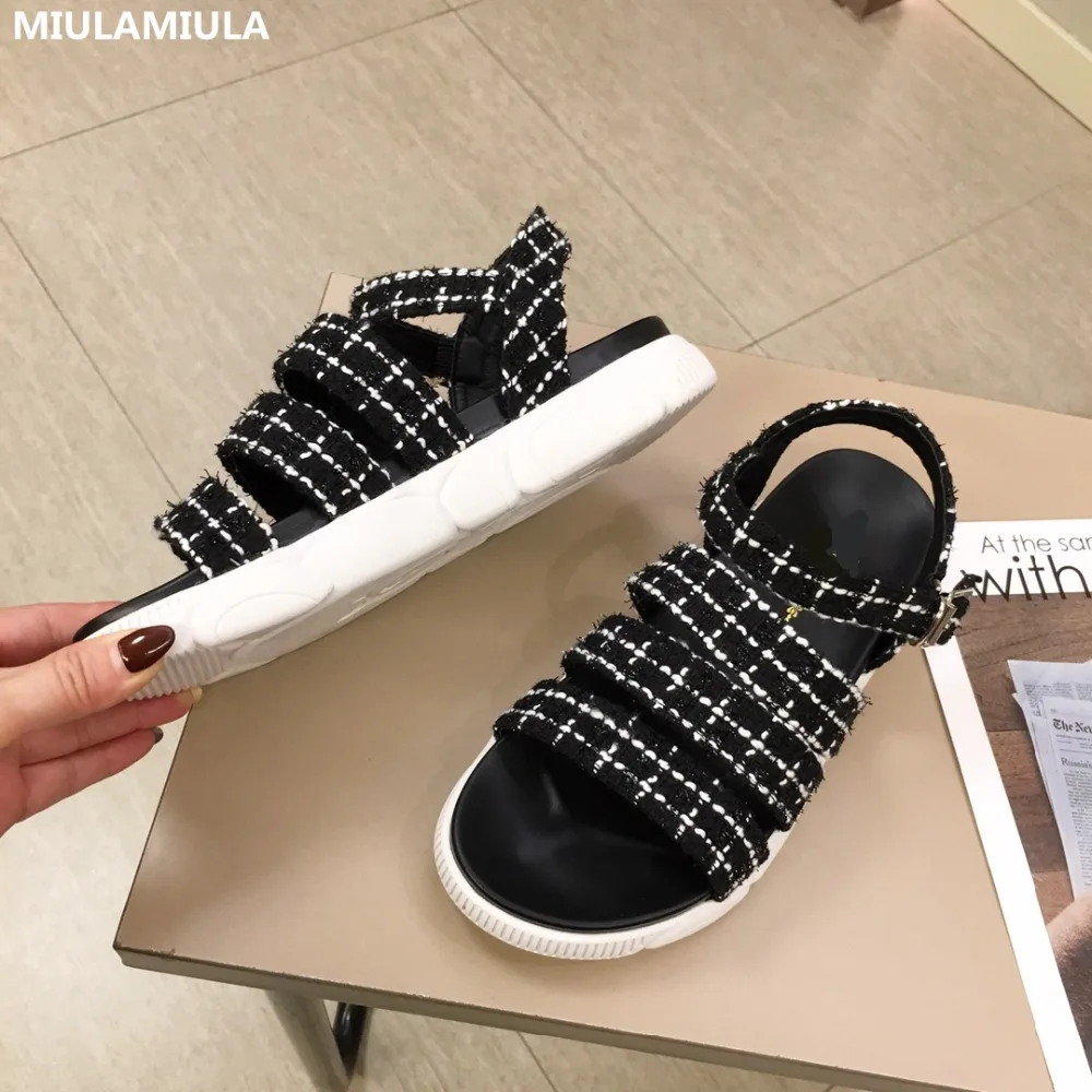 

MIULAMIULA Brand Designers 2019 Summer New Fashion Gingham Cloth Woman Sandals Narrow Band Back Strap Wedges Platform Lady Shoe