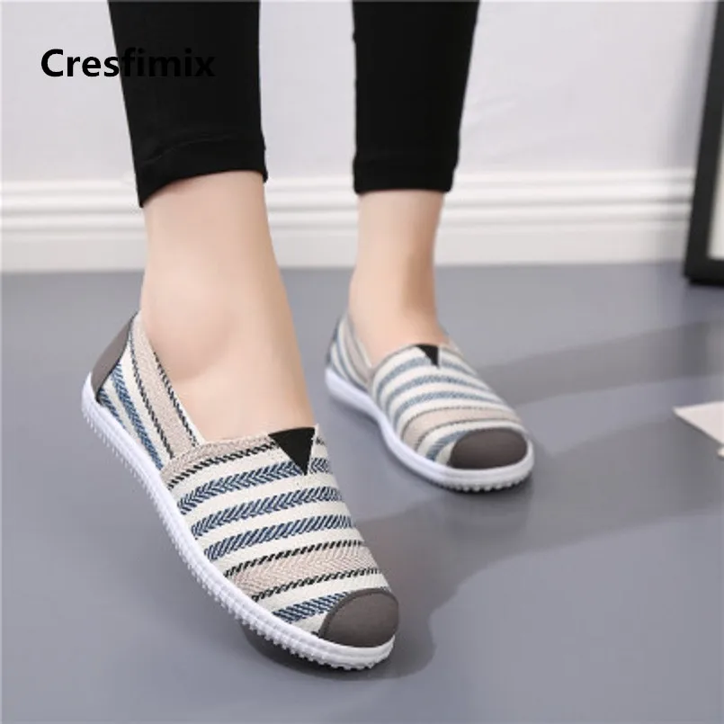 

Cresfimix zapatos de mujer women fashion blue stripe canvas flat shoes lady cute comfortable slip on flats female shoes a384