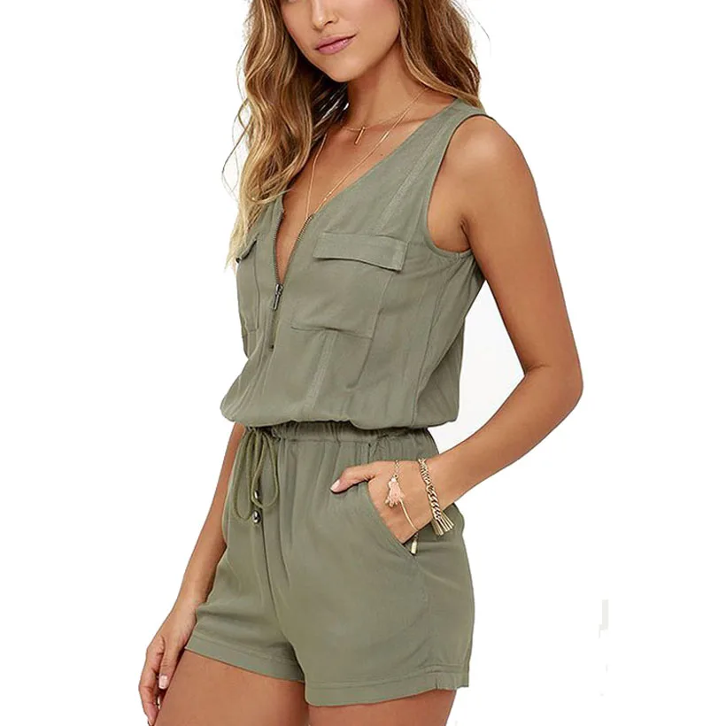 Женский комбинезон без рукавов с треугольным вырезом и карманами|beach overalls|bodysuit