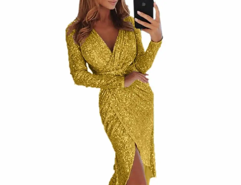 Сексуальные коктейльные платья длиной до колена, v-образный вырез, длинный рукав, короткие, скромные, розовое золото, с блестками, арабские, для выпускного вечера, недорогие вечерние платья - Цвет: Золотой