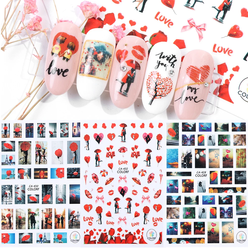 1 шт., стикеры 3D на ногти Nail Art, романтические наклейки на День святого Валентина, слайдер, губы, цветы, для путешествий, Переводные фольга, наклейки, французский маникюр, LACA428-436
