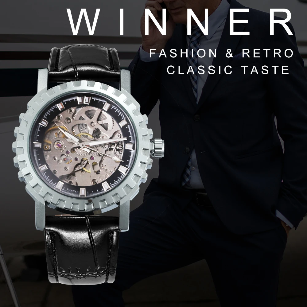 Женские часы скелетоны WINNER Fashion автоматические механические с кожаным ремешком