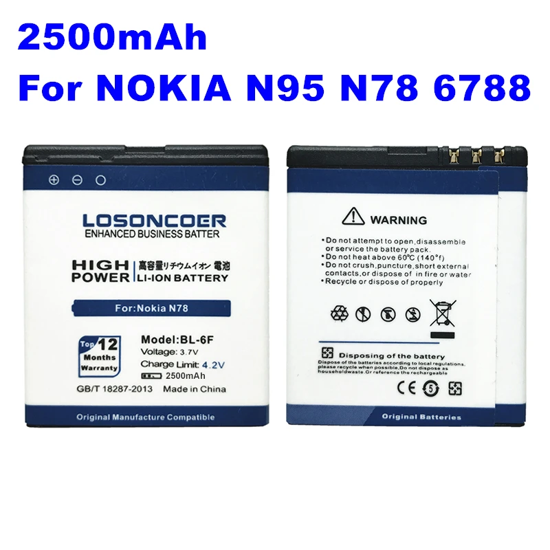 

LOSONCOER 2500mAh BL-6F Li-ion Polymer For Nokia N95(8G) N78 N79 6788 6788I BL 6F Replacement Phone Battery Bateria Betteries