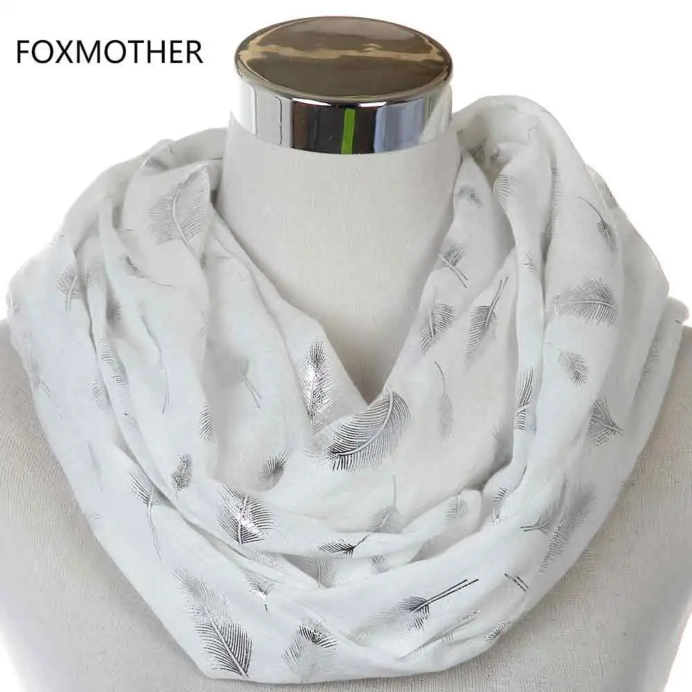 White FOXMOTHER модные женские белые темно-синие желтые бронзовые фольга Серебряное перо кольцо шарфы шейный шарф блестящий платок - Цвет: White
