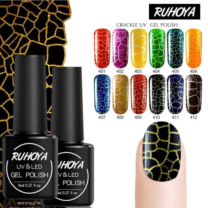 

Ruhoya Semi Permanent Crack Gel Varnish UV Led Lamp Nail Art Soak Off Lucky Color Crackling Shatter Gel Nail Polish