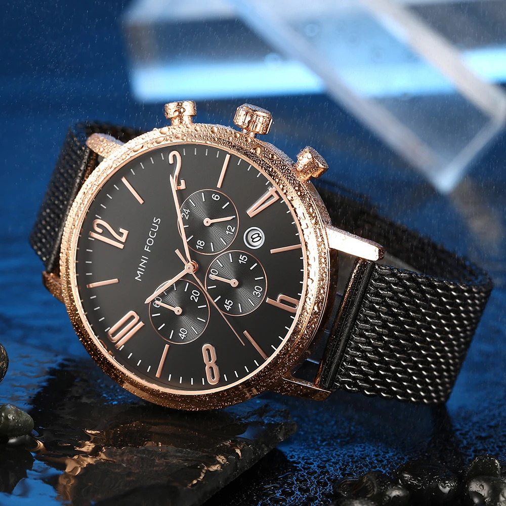 Мини фокус Для мужчин 24 часов кварцевые часы Бизнес Хронограф Спортивные наручные часы человек с сетчатым ремешком 3Bar Водонепроницаемый часы 0183 г синий