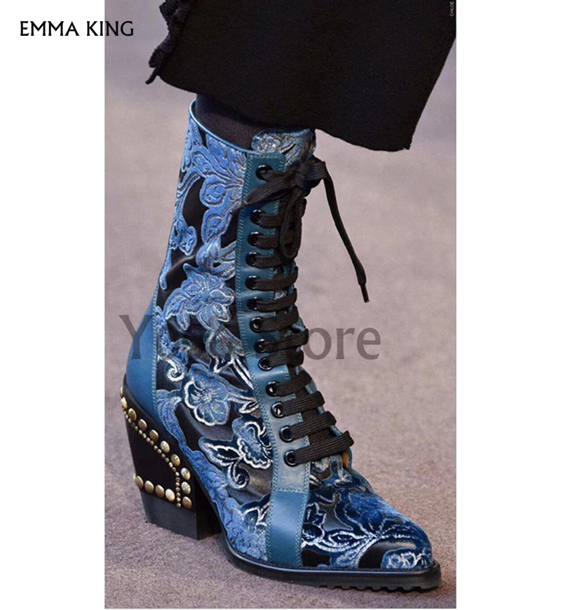 

Luxury New Thick Heel Pointed Ankle Boots For Women Crafts Mid-tube Booties Mujer Fashion Embroidered Laser Embossing ShoesWoman