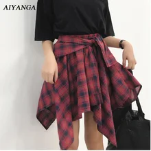 Летние клетчатые юбки женские в английском стиле кружевные асимметричные юбки модные женские клетчатые короткие юбки красные черные повседневные