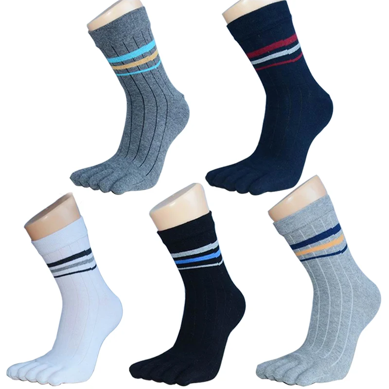 

5 Colors Spring Summer Men's Middle Tube Thin Toe Socks Business Style Breathable Stripes Five Fingers Socks calcetines hombre