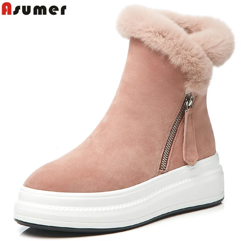 

ASUMER 2019 genuine leather snow boots women round toe zip cow leather platform boots fur women's winter boots ladies shoes