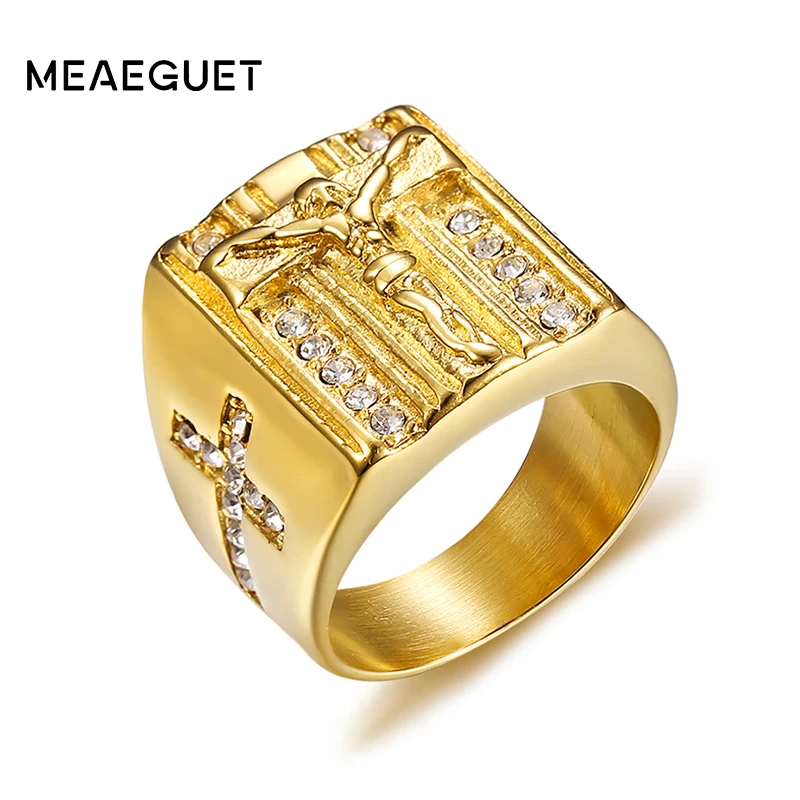 Meaeguet Luxury Crystal Jesus Cross Catholicism Ring For Men Gold-color Stainless Steel Religious Prayer Jewelry