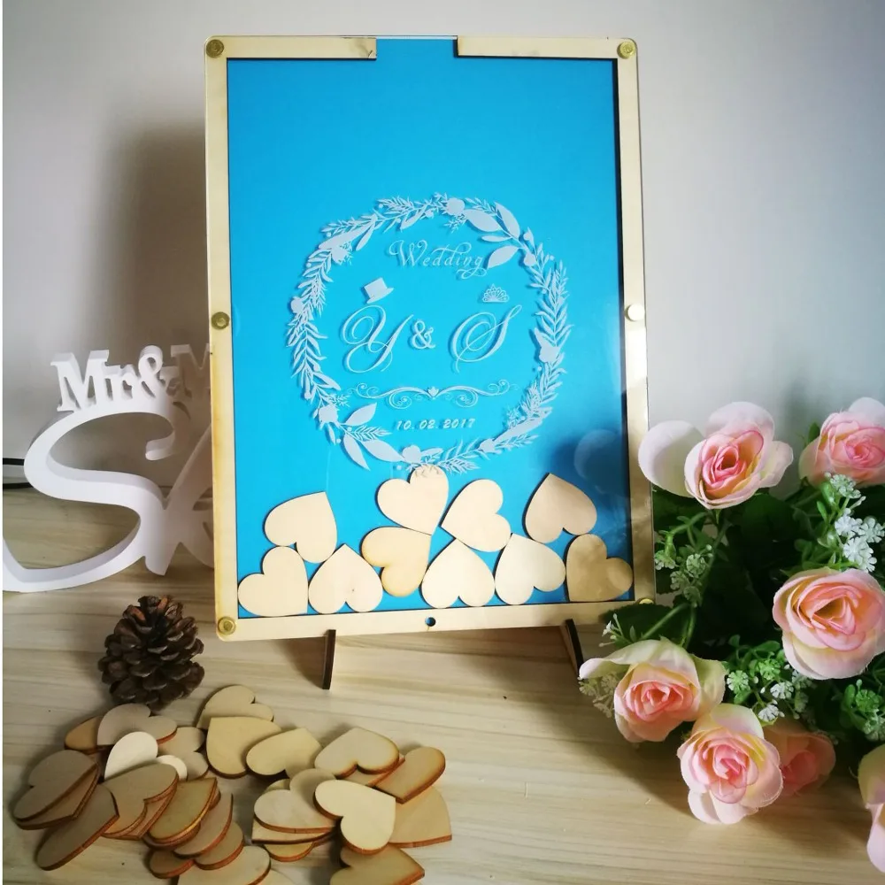 Customized Personalized Multi-Colors Rustic Drop Top Wooden Wedding Guest Book Frame & custom Hearts & 100Pcs Hand-Writing herat
