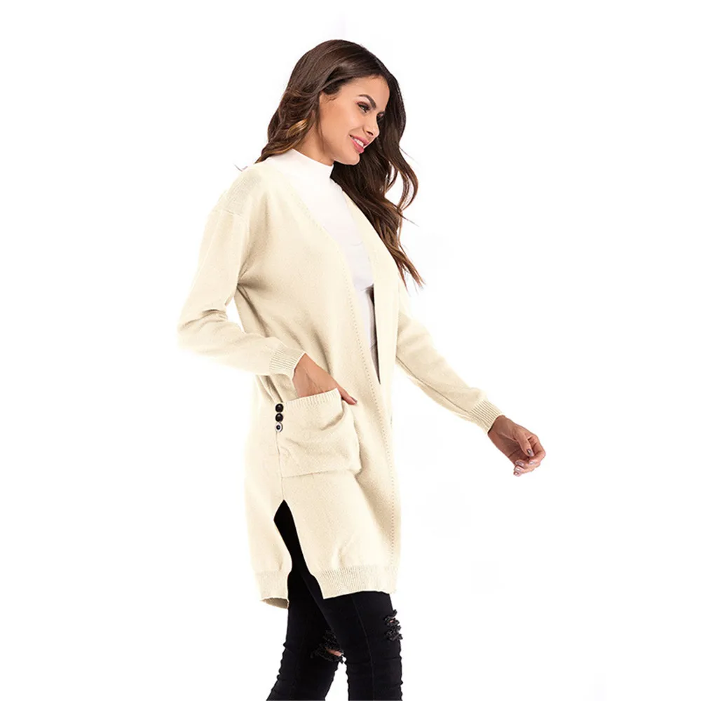 Autumn and Winter New Jacket Women's Long Cut Knit Cardigan Double Pocket Solid Color Outerwear Coats