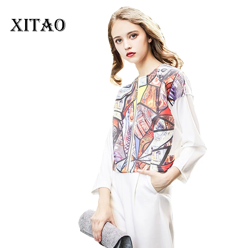 

[XITAO] 2019 New spring Europe fashion women printing three quarter sleeve wide waist Round collar zipper casual jacket HJH102