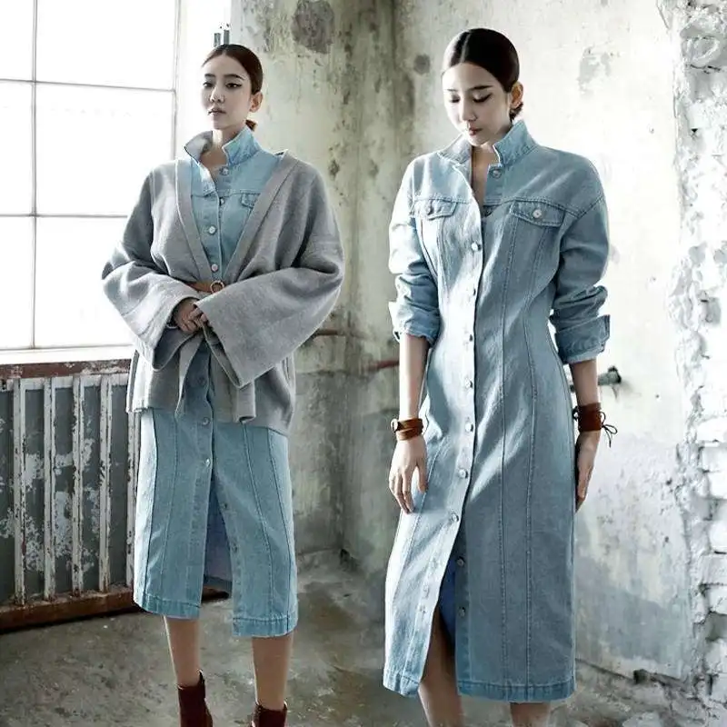 

High Street Denim Dress Women Autumn Spring Runway Designer Turn Down Collar Full Sleeve Long Single-Breasted Denim Dress SL348