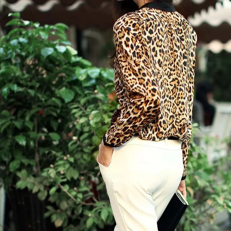 Женская блузка с леопардовым принтом, рубашка с длинным рукавом, v-образный вырез, топ, свободные блузки, шифоновая рубашка размера «Плюс», Camisa, женская одежда# YL5