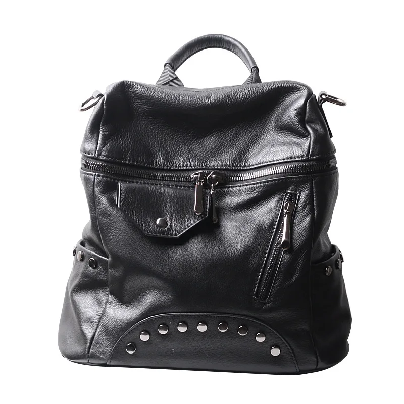 Fashion Women's Genuine Leather Backpack Ladies Natural Leather Rivet