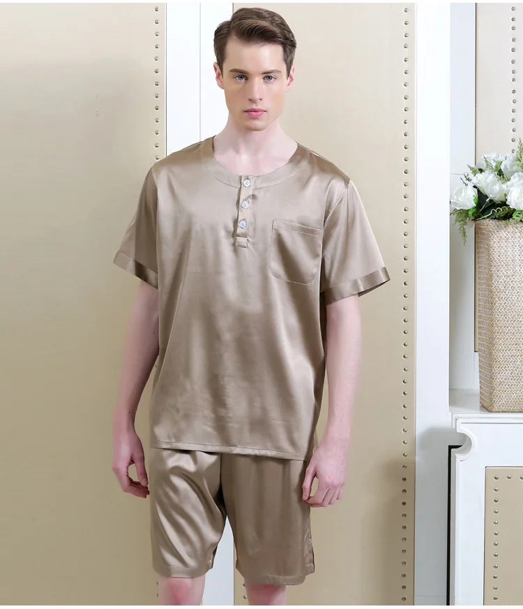 17005 YIER бренд лето тяжелый шелк пижамы Для мужчин пижамы мужчина с коротким рукавом шорты комплекты 100% шелковые пижамы Для мужчин пижамный