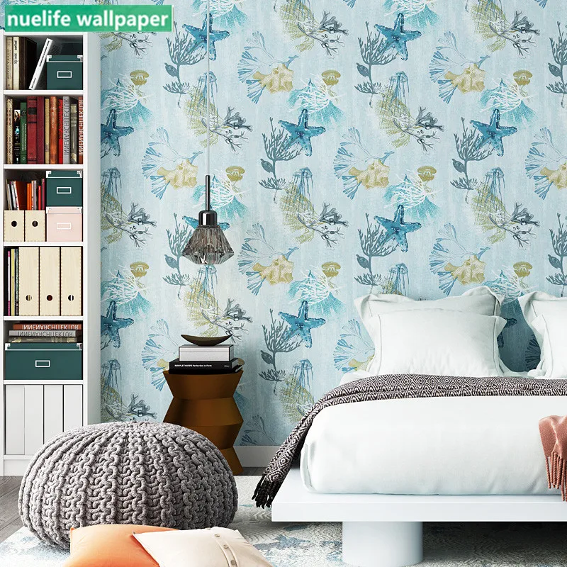 

Mediterranean starfish coral plant pattern non-woven wallpaper kids room bedroom study living room TV background wallpaper