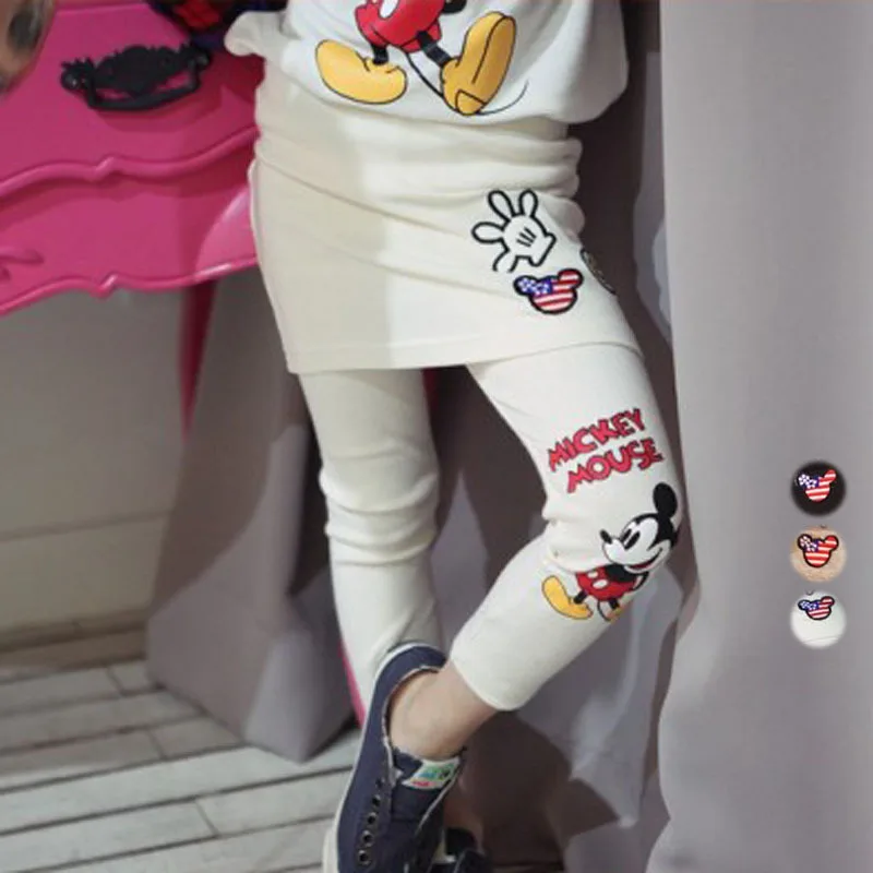 

2-10Y children girls spring fall Fake two-piece trousers Mickey cotton bag hip skirt pants girls leggings embroidery Pants