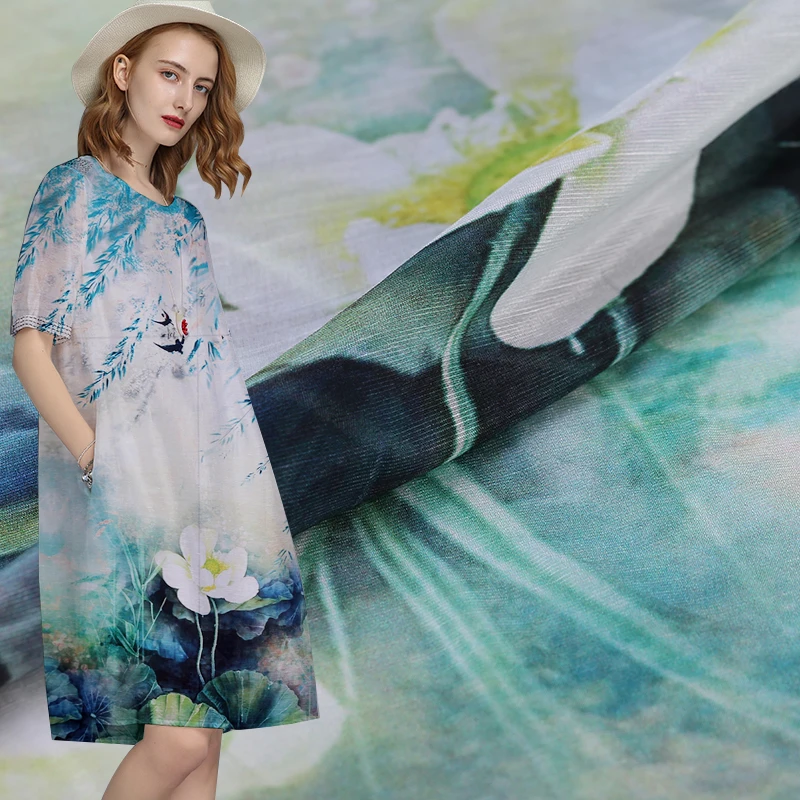 Lotus цифровой струйной льняной ткани платье cheongsam шелковая льняная ткань