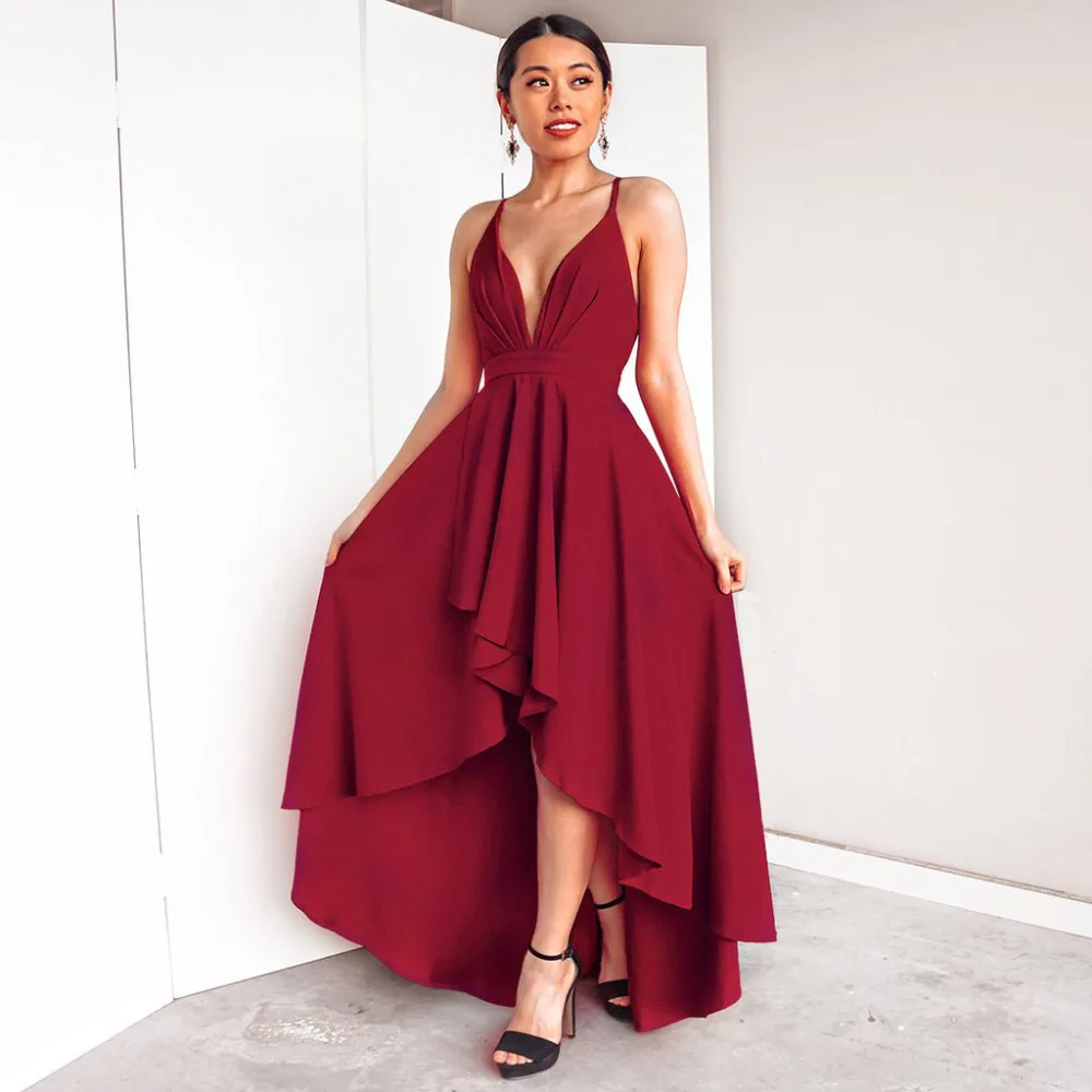 

Europe and the United States Women's 2019 Summer New Sling Big V-neck Waist Slimming Solid color A Word Dress WKL044