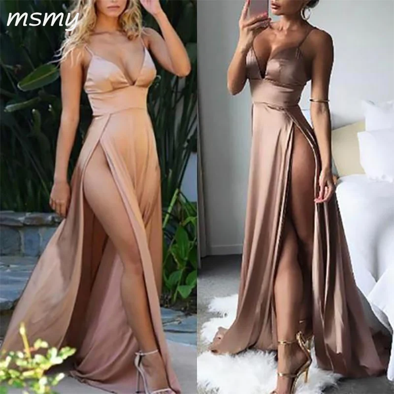 2019 Cheap Spaghetti Straps Side Split Simple Modest Sexy Prom Dresses, Evening dresses 109