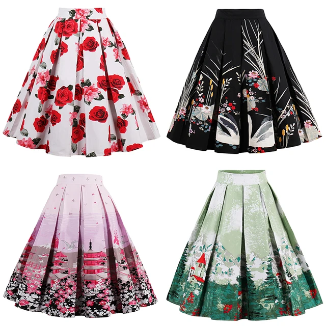 SHUJIN Women Summer 2018 Casual High Waist Retro Print Floral Skirts Vintage Elegant Pleated A-Line Midi Women Sweater Skirt