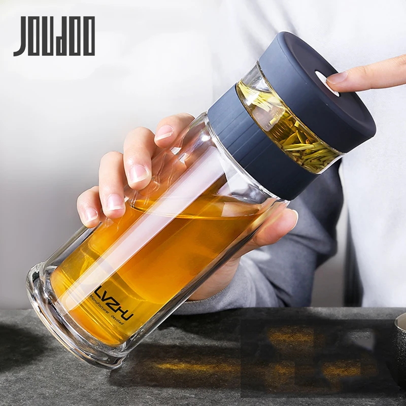 

400ML Business Type Water Bottle Glass Bottle with Stainless Steel Tea Infuser Filter Double Wall Glass Sport Water Tumbler 35