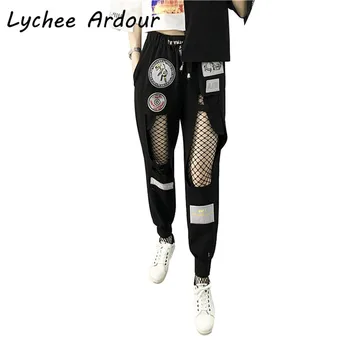 

Letter Print Patch Hole Pants Drawstring Waist Mesh Pockets Full Length Women Pants Spring Autumn Loose Sweatpants