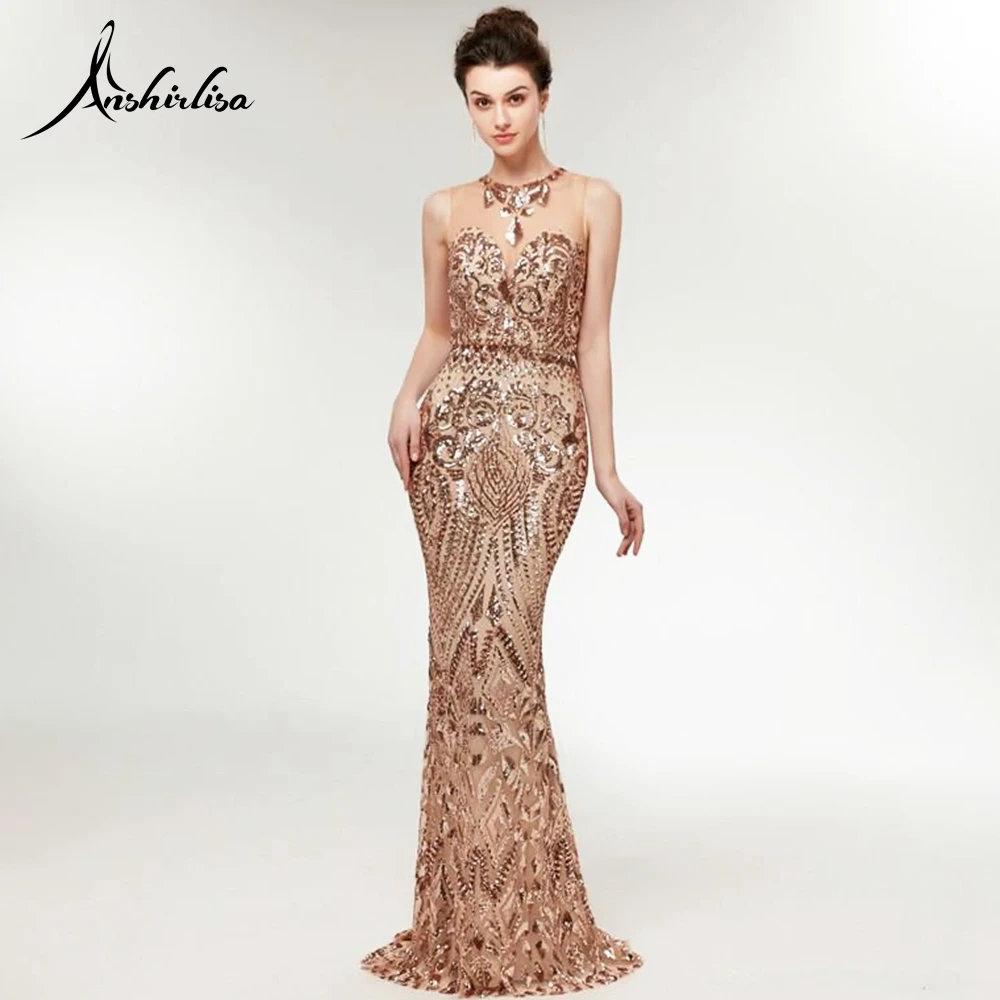 

Anshirlisa Women Mermaid Gold Sequin Evening Dress Long Muslim Dubai Luxury Gorgeous Party Gown Formal O neck Prom Dress Custom
