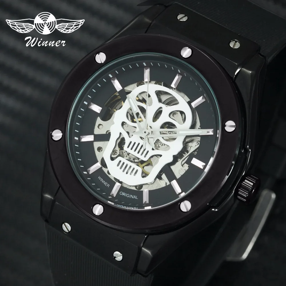 

WINNER Sports Casual Skeleton Auto Mechanical Watch Men Rubber Strap Luminous Skull Fashion Mens Watches Top Brand Luxury Clock
