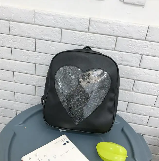 Женский рюкзак ярких цветов из искусственной кожи, прозрачный рюкзак в форме сердца, Kawaii, школьные сумки Харадзюку для девочек-подростков - Цвет: Черный