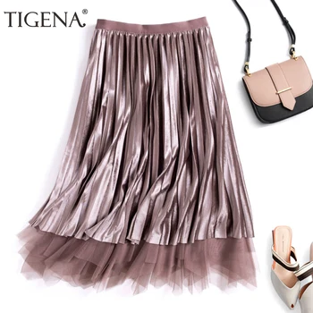 

TIGENA Reversible Velvet Tulle Long Skirts Women Fashion 2020 Autumn Winter High Waist Pleated Skirt Female Elegant Long Skirt