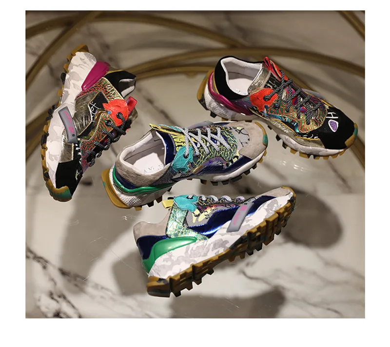 GCYFWJ/; разноцветная дышащая женская обувь с граффити; кроссовки на платформе из натуральной кожи; блестящая повседневная обувь на шнуровке