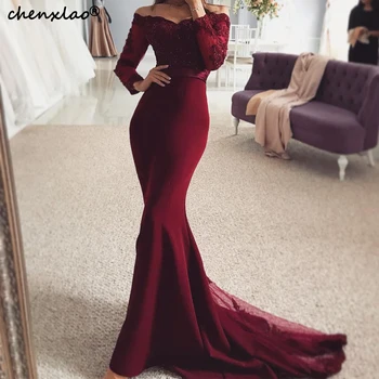

Vestido Sexy Mermaid Evening Dress Burgundy Long Evening Dresses Off The Shoulder Full Sleeveless Sweep Train Formal Party Gowns