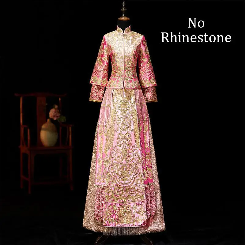Розовый со стразами Cheongsam китайские женские вечерние платья Королевское Платье атласная Вышивка Цветочный Qipao классический древний Vestidos - Цвет: Pink 2