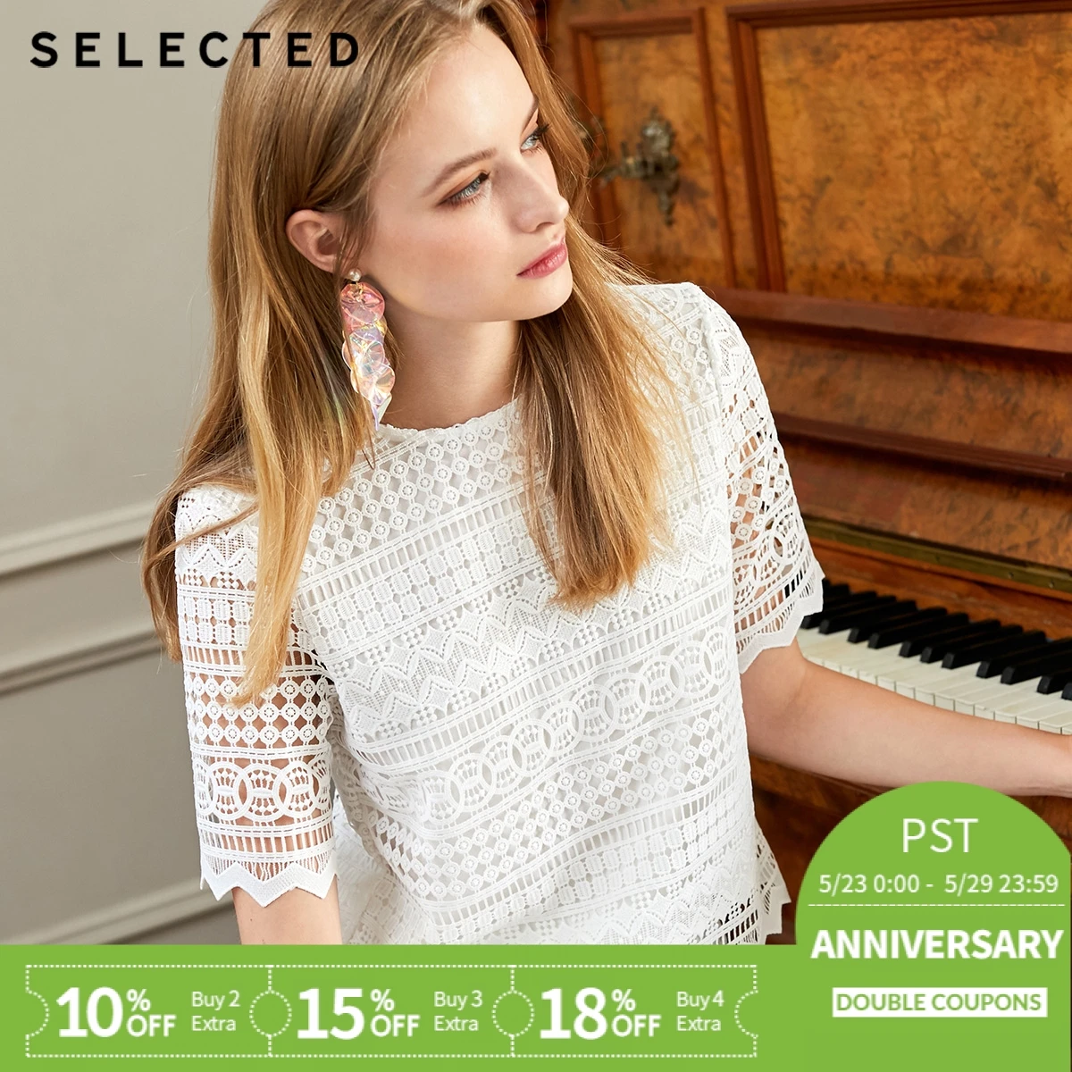 

SELECTED Summer Women's Cut-out Lace Short-sleeved Tops S|419241506