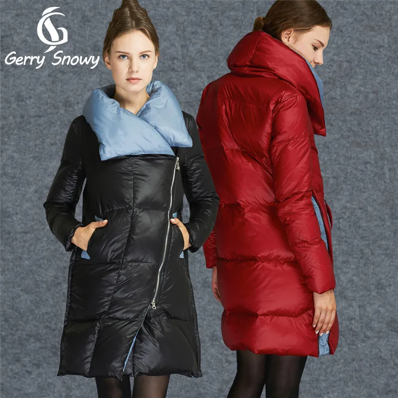 

European woman coats 2019 jackets for women long section high-end fashion big lapel oblique zipper duck down jacket red/blue