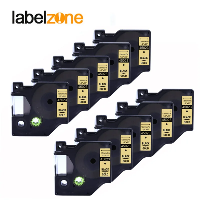 10pcs 12mm 45023 black on gold compatible dymo D1 12mm label printer 45023 laminated label tapes